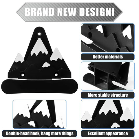 Sturdy Snowboard Wall Mount Racks Hold Four Boards Securely for Garage or Bedroom Displays with Heavy Duty ABS Holders showing hooks and mountain design.