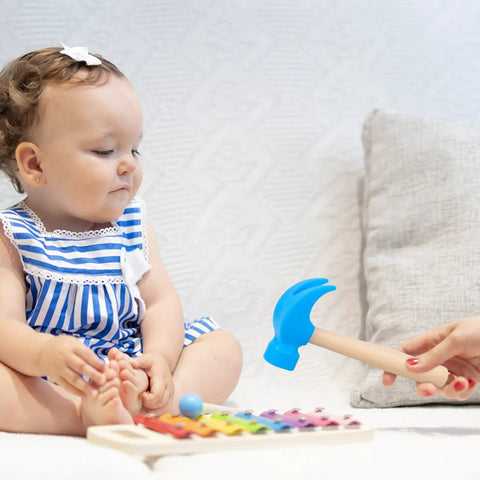 Wooden Hammer Toy Set For Kids Educational Hands On Pretend Play Tools Durable Safe Wood Kid Friendly Blue Color Great For Learning Building Party Games And DIY Fun, blue hammer with toddler