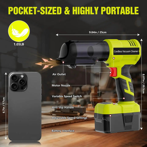 3 In 1 Cordless Handheld Vacuum Compatible With Ryobi 18V Battery Wet And Dry Car Vacuum next to smartphone for size
