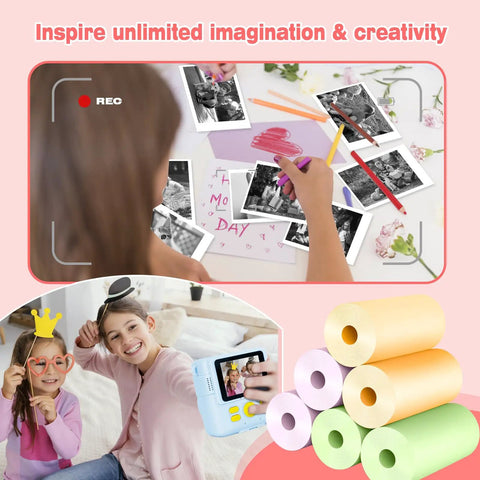 6 Rolls Kids Camera Instant Print Refill Paper Set For Kid Friendly Photo Fun, HD Thermal Paper Works With Most Kids Instant Cameras, Includes 2 Purple, 2 Green, 2 Orange Rolls, 2.2 Inch By 29.5 Foot Each, Prints 80 Plus Photos Per Roll. Kids instant camera thermal paper rolls in purple, green and orange