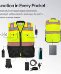 Straight Fire High Visibility Surveyor Safety Vest With Ten Bulk Storage Pockets And Reflective Tape, displaying pockets and gear organization.
