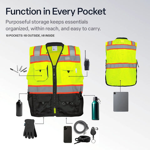 Straight Fire High Visibility Surveyor Safety Vest With Ten Bulk Storage Pockets And Reflective Tape, displaying pockets and gear organization.
