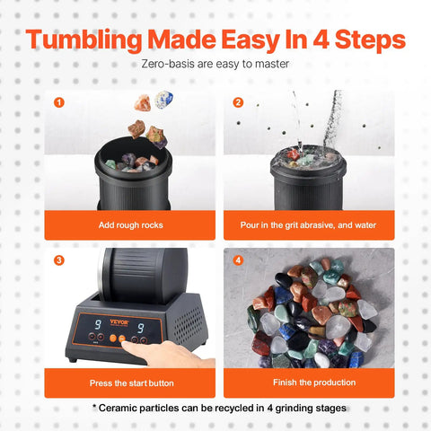 Dope Rock Tumbler Machine With 4 Lb Capacity, Direct Drive Motor illustrated in 4 tumbling steps with durable steel body