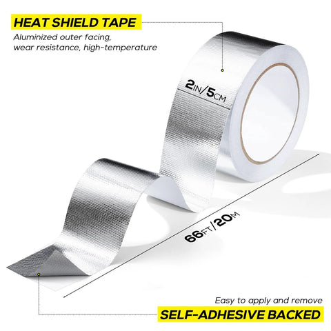 Aluminum heat shield tape, 2in x 66ft, silver, self-adhesive, high-temp for exhaust/auto use
