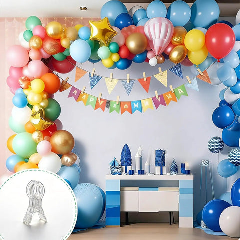Premium Ten Pack Of Heavy Duty Spring Clips Measuring 3.5 Inches Featuring Transparent Plastic Build holding balloons in a colorful arch.