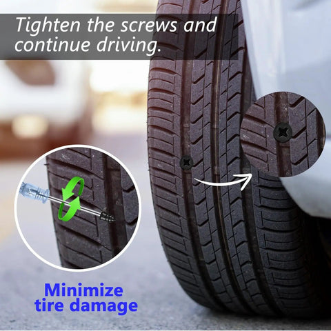 30 Pcs Tire Repair Screws Self Tapping Rubber Plugs Kit With Screwdriver And Storage Box installed on car tire for easy fix