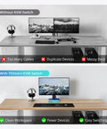 Ditch The Cable Mess With This Boss Level Kvm Switch That Lets You Juggle Two Computers And One Monitor Using Rj45 Push Buttons And Usb 3.0 Connectivity Plus Hdmi 4K At 60Hz For Ridiculously Smooth Swaps: comparison of cluttered desk without KVM switch and organized workspace with KVM switch.
