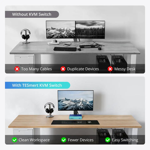 Ditch The Cable Mess With This Boss Level Kvm Switch That Lets You Juggle Two Computers And One Monitor Using Rj45 Push Buttons And Usb 3.0 Connectivity Plus Hdmi 4K At 60Hz For Ridiculously Smooth Swaps: comparison of cluttered desk without KVM switch and organized workspace with KVM switch.