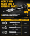 Heavy Duty Brushless Electric Rivet Gun Cranking Out 2698 Pounds Of Raw Power Cordless Rivet Tool with multi-size nozzles and rivets.