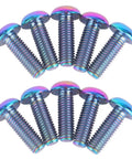 Bulletproof Grade Five Titanium Water Bottle Cage Bolts And Bicycle Rotor Screws Kit Paired With Torx M5 hardware, 10-pack screws in rainbow colors.