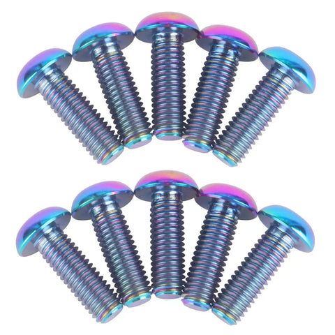 Bulletproof Grade Five Titanium Water Bottle Cage Bolts And Bicycle Rotor Screws Kit Paired With Torx M5 hardware, 10-pack screws in rainbow colors.