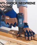 Mechanic using Leather Heavy Duty Work Gloves For Mechanics And DIY Pros With Impact Resistance Anti Vibration And Water Repellent Coating Ideal For Auto Tools Construction Warehousing Gardening And More Size Large Blue while drilling wood