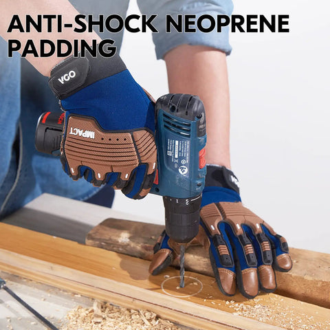 Mechanic using Leather Heavy Duty Work Gloves For Mechanics And DIY Pros With Impact Resistance Anti Vibration And Water Repellent Coating Ideal For Auto Tools Construction Warehousing Gardening And More Size Large Blue while drilling wood