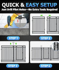 Quick steps for installing Removable Pool Fence 36Ft By 40In, 14 Panels and 2 Gates, shown in diagrams with drilling guide.