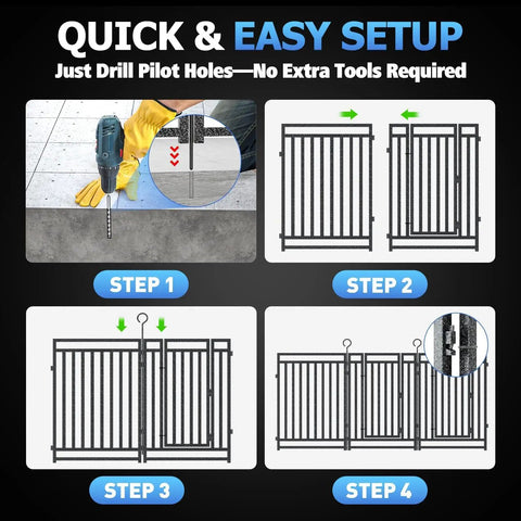 Quick steps for installing Removable Pool Fence 36Ft By 40In, 14 Panels and 2 Gates, shown in diagrams with drilling guide.