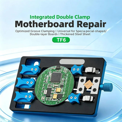 Grab And Go Adjustable Jaw Clamp Fixture For Motherboards And PCBs showing clamping tool in use with integrated double clamp