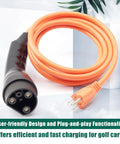 120V Three Pin Golf Cart Charging Power Cord Replacement Tailored Fit For Evolution Icon EV Fleet No Fuss Wall Setup Smooth Operator Charging cable in bright orange, 10 ft long with three pin connection.
