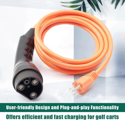 120V Three Pin Golf Cart Charging Power Cord Replacement Tailored Fit For Evolution Icon EV Fleet No Fuss Wall Setup Smooth Operator Charging cable in bright orange, 10 ft long with three pin connection.