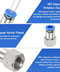 Two Pack One Eighth Inch NPT Female Push To Connect Fittings for Air Lines, nickel plated, 360-degree rotation shown.