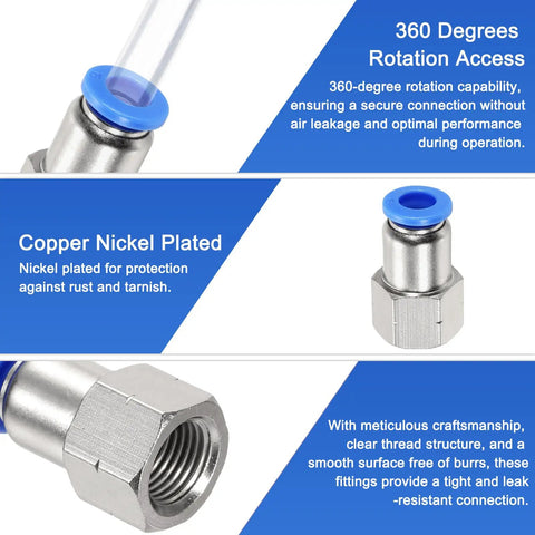 Two Pack One Eighth Inch NPT Female Push To Connect Fittings for Air Lines, nickel plated, 360-degree rotation shown.