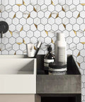 Hexagon Peel and Stick Metal Backsplash Tiles Kit, 12x12 Aluminum Mosaic, in bathroom setting with golden and white design.