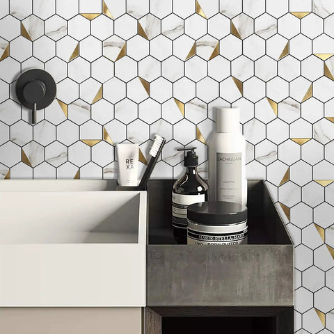 Hexagon Peel and Stick Metal Backsplash Tiles Kit, 12x12 Aluminum Mosaic, in bathroom setting with golden and white design.