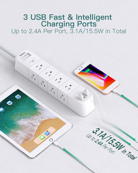 Heavy Duty Surge Protector Power Strip With 12 Outlets And 3 USB Ports 10 Ft Braided Extension Cord Flat Plug used for charging devices