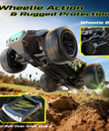 1/14 Scale Fast Brushless RC Car For Adults With 43 MPH Top Speed jumping on dirt with wheelie action and rugged protection features