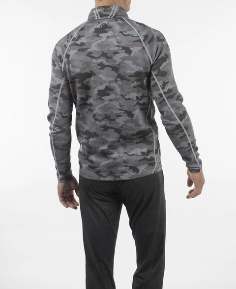 Back view of Allendale Men's Half Zip Performance Pullover With Thermal Protection in Magnesium Camo Charcoal, arms relaxed