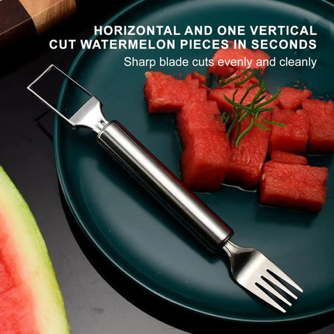 2-In-1 Watermelon Slicer And Fork, Premium Stainless Steel Cube Cutter Tool For Melon on plate with cubed watermelon