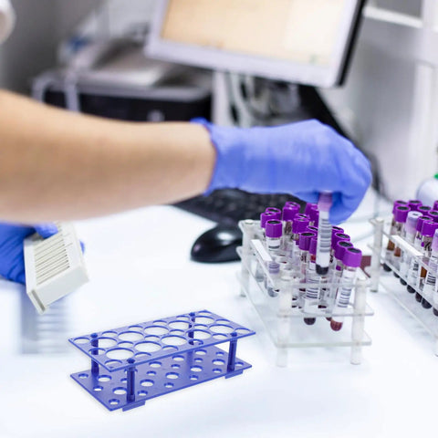 Lab technician using Two Piece Detachable Centrifuge Tube Holder Rack For 15ml And 50ml Tubes With 18 Hole And 10 Hole Configurations