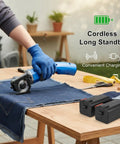 Heavy Duty Electric Scissors And Fabric Cutter Shears For Leather And Cloth With 4500 RPM Power cutting denim on a table.