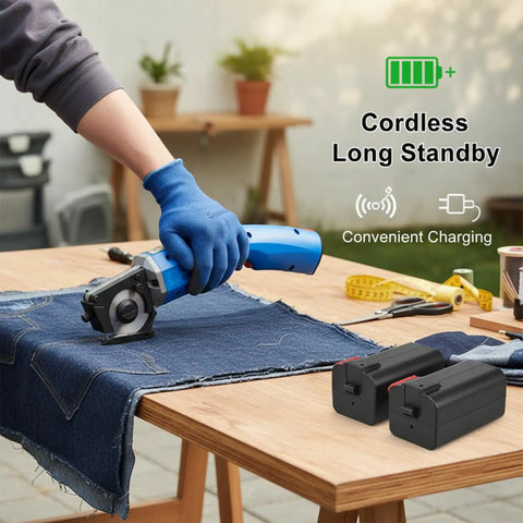 Heavy Duty Electric Scissors And Fabric Cutter Shears For Leather And Cloth With 4500 RPM Power cutting denim on a table.