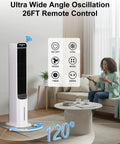 Windowless Portable Evaporative Cooler Tower Fan For Bedroom in living room, showing remote control features and oscillation.