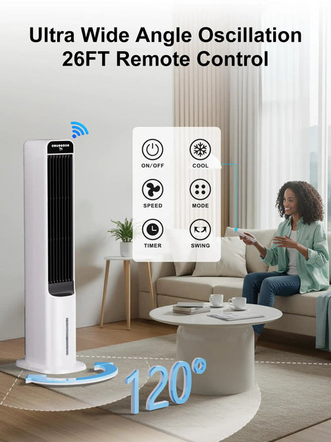 Windowless Portable Evaporative Cooler Tower Fan For Bedroom in living room, showing remote control features and oscillation.
