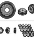 Grooved Wheel Bearings 20 Pack For 3D Printers And CNC Machines 5mm Bore Pulley Kit showing multiple V-groove wheels and bearings.