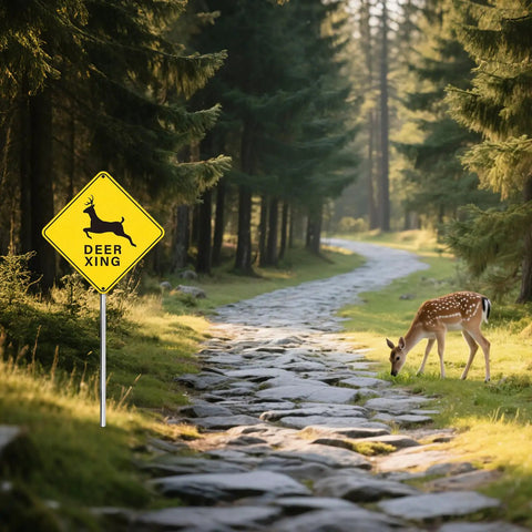 Deer Xing Crossing Sign 12x12, 2 Pack, Engineer Grade Reflective Aluminum, Built Tough Weather Resistant High Visibility Safety Sign for Driveways, Rural Roads, and Deer Rich Areas on wooded trail