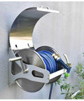 Heavy Duty Stainless Steel Garden Hose Reel With Rock Solid Wall Mount Hose Storage And Retractable Hose Holder For Up To 40 Meters Of Water Hose featuring blue hose and manual crank.