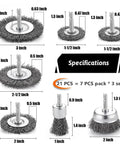 Budget Friendly 21 Piece Wire Brush Drill Set With Abrasive Wheels Cups And End Brushes For Quarter Inch Hex Shank Coarse Crimped Carbon Steel Attachments For Deburring Rust Removal Surface Prep And DIY Home Projects shown with dimensions