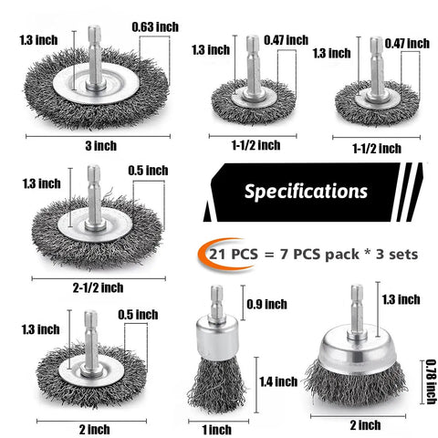 Budget Friendly 21 Piece Wire Brush Drill Set With Abrasive Wheels Cups And End Brushes For Quarter Inch Hex Shank Coarse Crimped Carbon Steel Attachments For Deburring Rust Removal Surface Prep And DIY Home Projects shown with dimensions