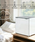 Slick Compact 1.1 Cu Ft Mini Freezer With Smooth Five Step Temperature Control And Reversible Door For Gray Small Space Meal Prep That Hella Keeps Ice Cream Fresh All Week Long Great For Dorm Or Kitchen Use in a bedroom setting.