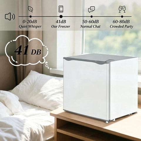 Slick Compact 1.1 Cu Ft Mini Freezer With Smooth Five Step Temperature Control And Reversible Door For Gray Small Space Meal Prep That Hella Keeps Ice Cream Fresh All Week Long Great For Dorm Or Kitchen Use in a bedroom setting.