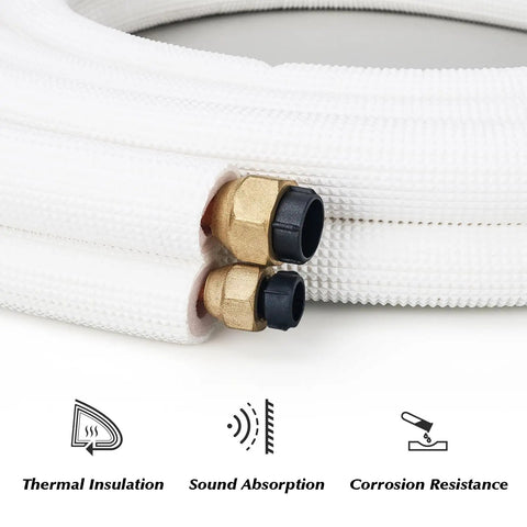 Close-up of Ten Foot Mini Split Line Set with One Quarter and Three Eighths Inch OD Copper Tubing with insulation, connectors visible.