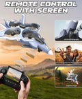 Remote control of Brushless RC Plane With Camera And Built In Screen showing FPV flight view and 360 degree flip action.
