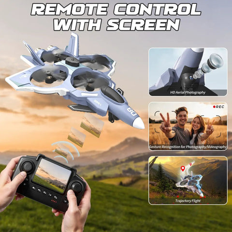 Remote control of Brushless RC Plane With Camera And Built In Screen showing FPV flight view and 360 degree flip action.