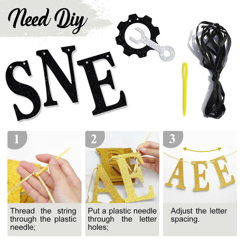 DIY setup of Future Engineer Graduation Banner And Congrats Engineer Sign Set with glitter letters and tools.