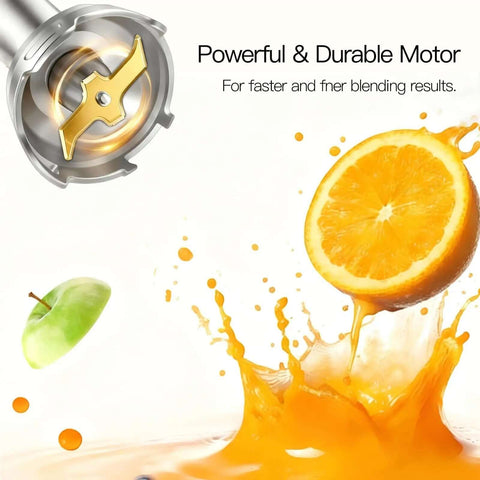 No Fuss 1000W Immersion Hand Blender With Multi Attachments And Quick Chopper 12 Variable Speeds stainless steel blade in action blending fruits.