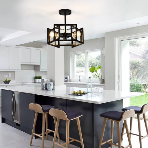 Semi Flush Mount Ceiling Light Fixture, 3-Light Black Industrial Style in kitchen over island counter