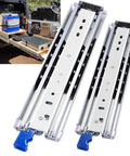 Beefy Heavy Duty Drawer Slides 10 To 60 Inches, 500 Pound Load Capacity, Side Mount, Smooth Silent Operation, Rust Resistant Steel With Ball Bearing Rollers, Electroplated And Powder Coated Finish mounted on truck storage drawers