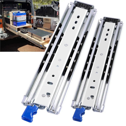 Beefy Heavy Duty Drawer Slides 10 To 60 Inches, 500 Pound Load Capacity, Side Mount, Smooth Silent Operation, Rust Resistant Steel With Ball Bearing Rollers, Electroplated And Powder Coated Finish mounted on truck storage drawers